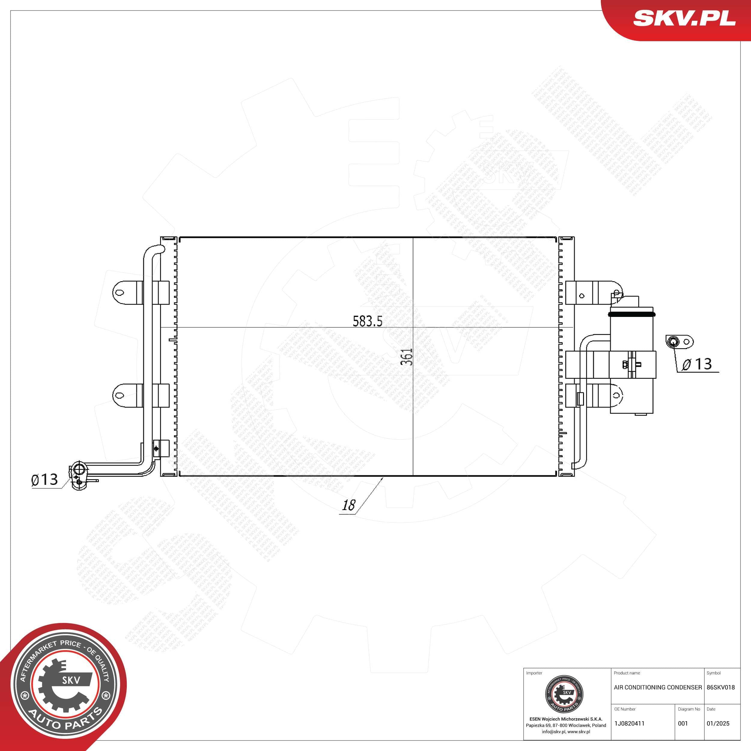 Image of Condenseur de climatisation ; AUDI A3 TT SEAT Leon Toledo II SKODA Octavia I VW Bora I Golf IV ; 1J0820411D